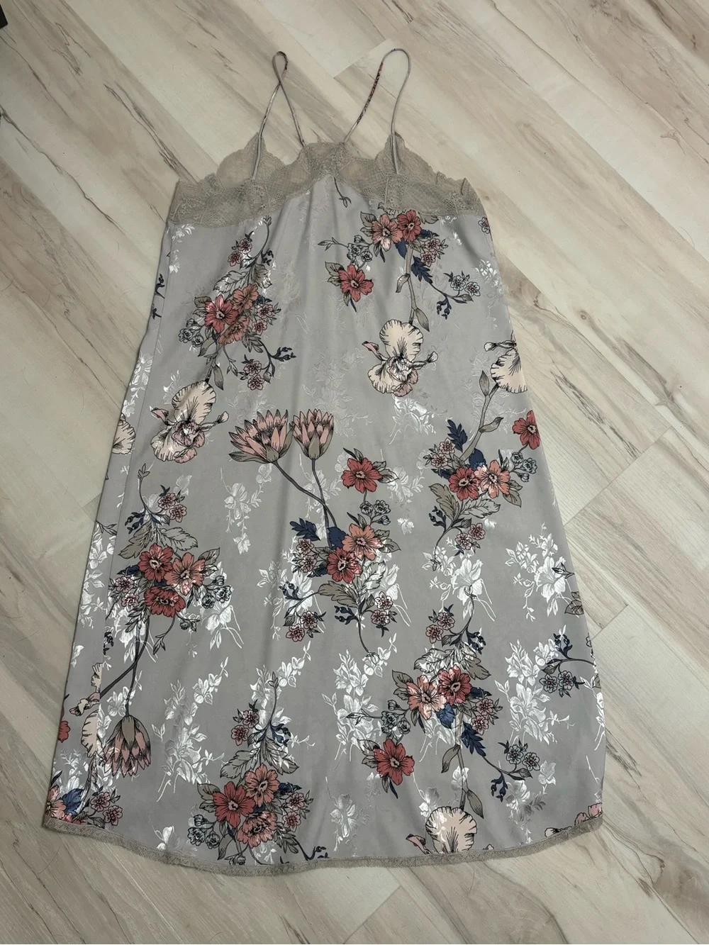 LoveStitch Floral Satin Lace Trim Nightgown Slip Dress | Size Medium